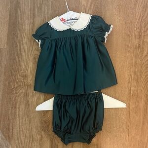 Janie and Jack Dark Green Dress with White Lace Collar and Bloomer Set